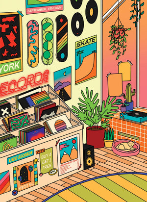Illustration of a record store with skate board artwork and posters on the wall above a rack of record albums.