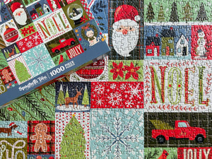 A 1000-piece jigsaw puzzle box labeled 'Spaghetti Tide' is placed diagonally over the completed patchwork-style Christmas jigsaw puzzle featuring festive designs like Santa, snowflakes, trees, houses, and red trucks.