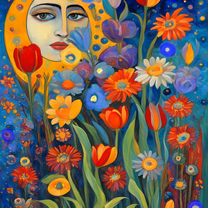 Colorful artwork of a face with floral elements on a blue background