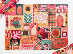 A completed Fall/Thanksgiving themed jigsaw puzzle by Spaghetti Tree shown with a partial view of the puzzle box and a print of the puzzle art on the corners.