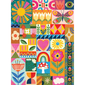 Colorful patchwork puzzle design with various patterns, floral motifs and shapes on a white background