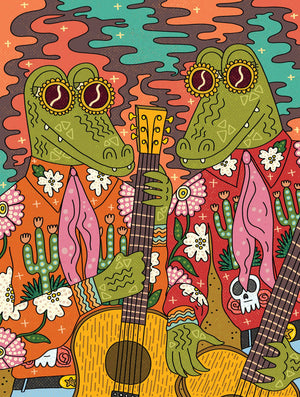 Illustration of two Alligator men wearing fun shirts with floral details holding guitars. 
