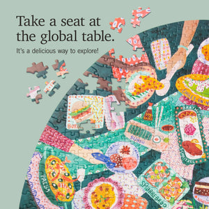 Jigsaw puzzle shaped like a table with food-themed pieces on a light green background.