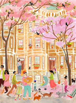 Illustration of a neighborhood street with cherry blossom trees and people walking.