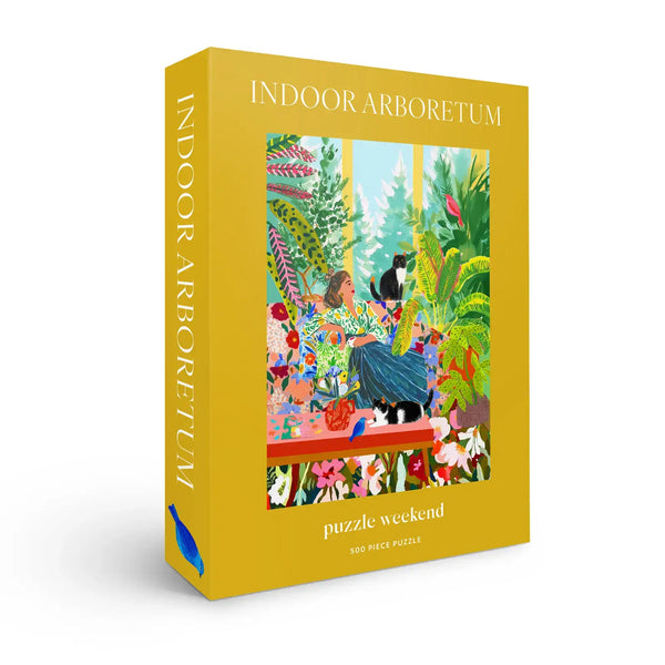 Puzzle box titled 'Indoor Arboretum' with a colorful illustration of a person and cat in an indoor arboretum.