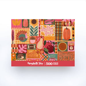 Spaghetti Tree 500-piece jigsaw puzzle box featuring a colorful autumn patchwork design with pumpkins, acorns, leaves, and fall-themed illustrations on a white background.