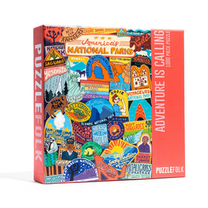 Puzzle box featuring illustrations of national parks stickers with 'PuzzleFolk' branding.