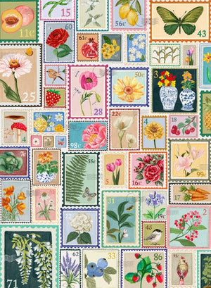 Collage style illustration of stamps that have floral, butterfly, vegetable and bird themed art. 