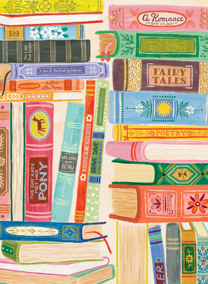 A colorful illustration of stacked book spines on a cream background, with titles including A Romance, Fairy Tales, Poetry, The Day Kate met her Pony.